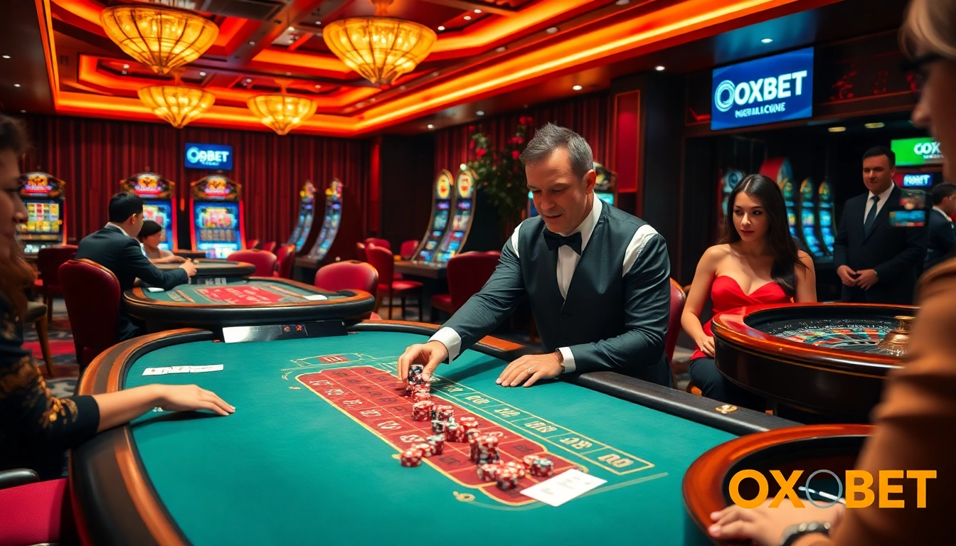 Engaging casino atmosphere with OXBET branding, showcasing exciting gaming action and betting strategies.