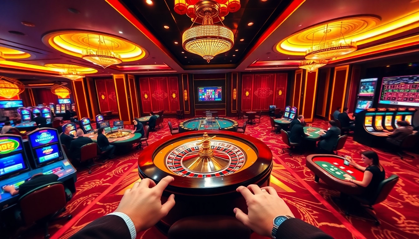 Illustration depicting a vibrant scene of a casino en ligne fiable with players engaged at roulette and poker tables, showcasing excitement and luxury.