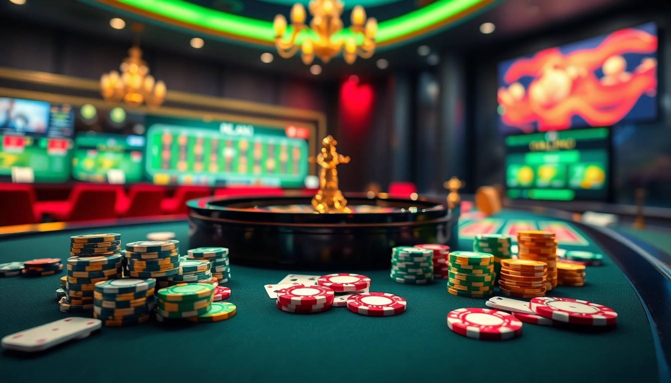 Experience the excitement of casino en ligne fiable with a luxurious gaming setup featuring roulette, poker chips, and cards.